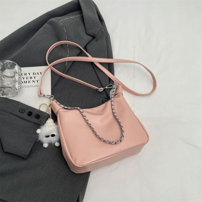 Chain Strap Faux Leather Crossbody Bag / Charm / Set - Pink