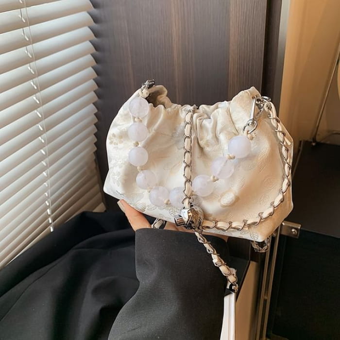 Chain Strap Floral Jacquard Crossbody Bag - Faux Pearl