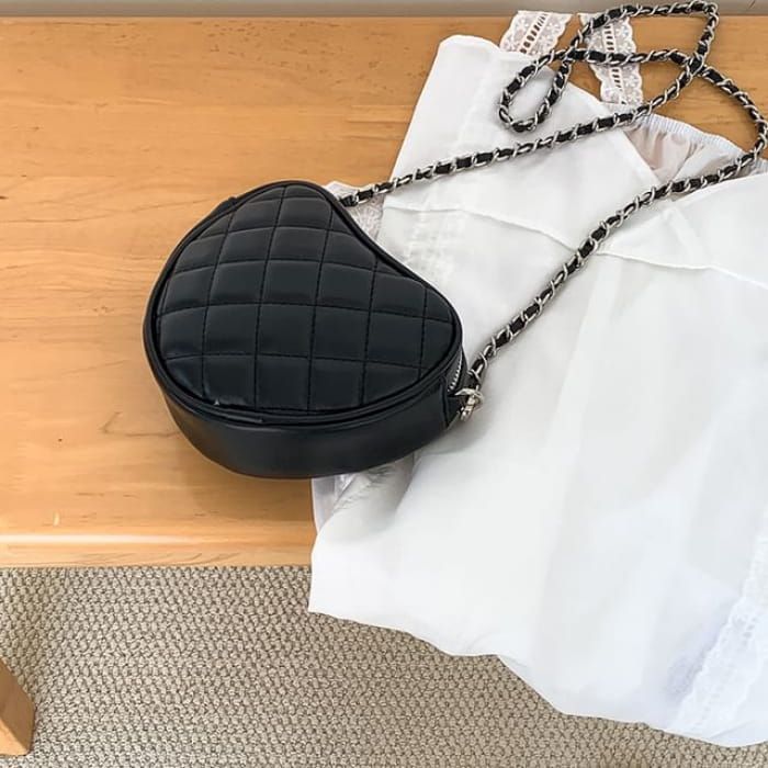 Chain Strap Heart Quilted Crossbody Bag - Black / One SIze