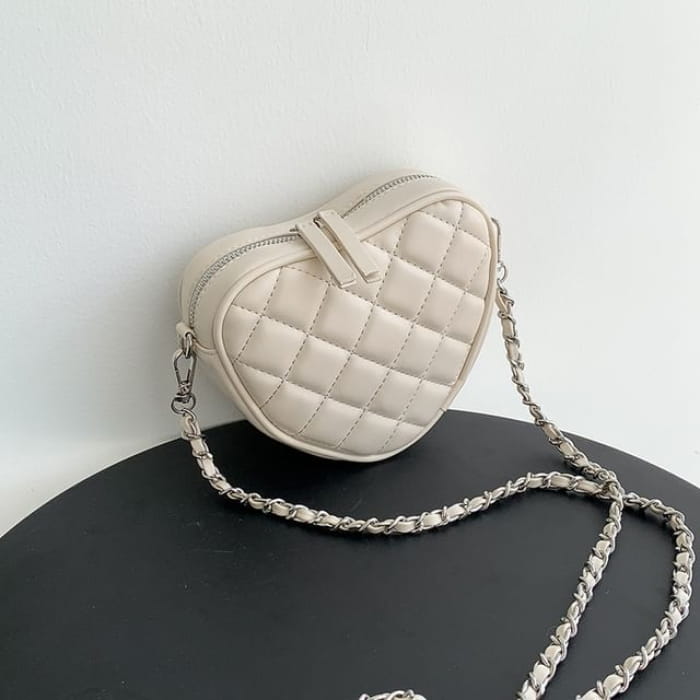 Chain Strap Heart Quilted Crossbody Bag - Off-White