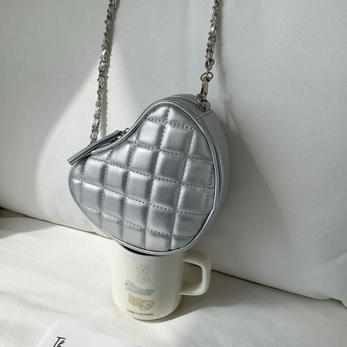 Chain Strap Heart Quilted Crossbody Bag - Silver / One SIze