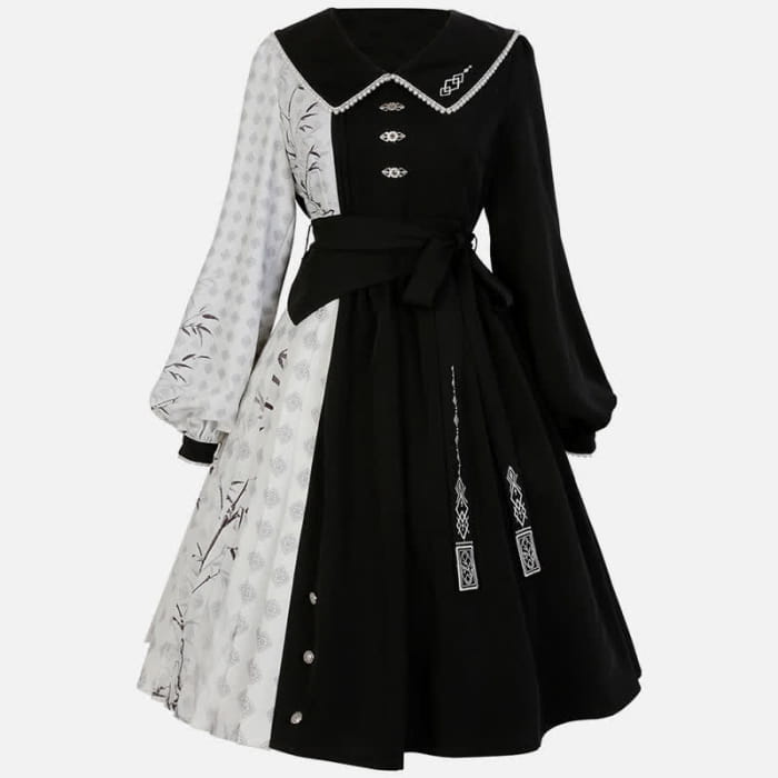 Charming Bamboo Print Lapel Colorblock Dress - Black / S