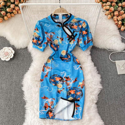 Charming Blue Floral Buckle Split Cheongsam Dress - S