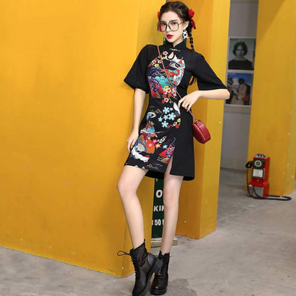 Charming Colorful Print Short Sleeve Cheongsam Dress