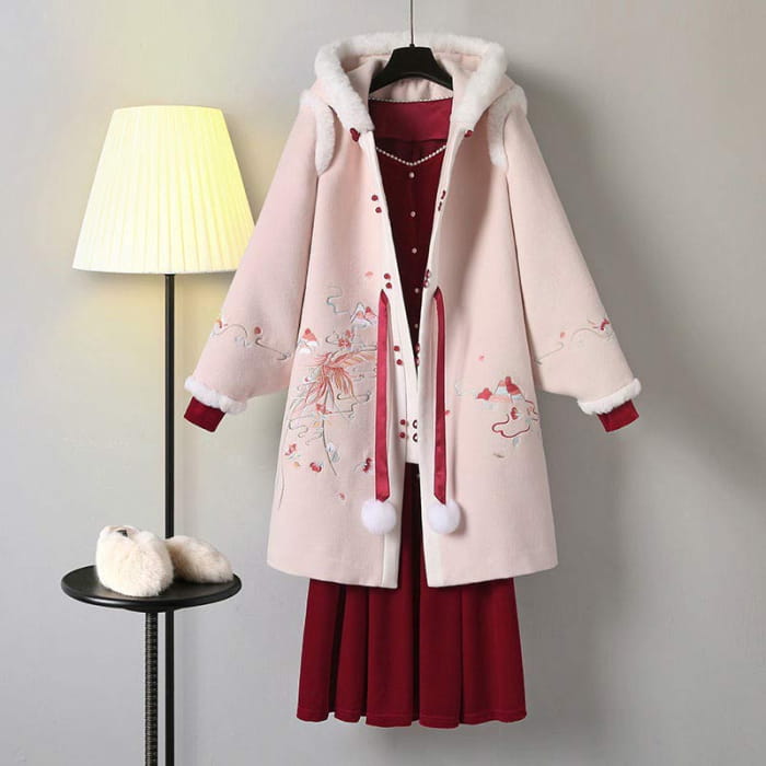 Charming Floral Embroidery Hooded Coat Dress Set - Dress