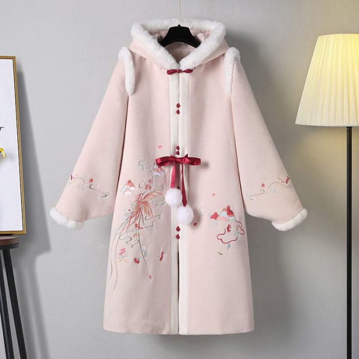 Charming Floral Embroidery Hooded Coat Dress Set - Pink / M