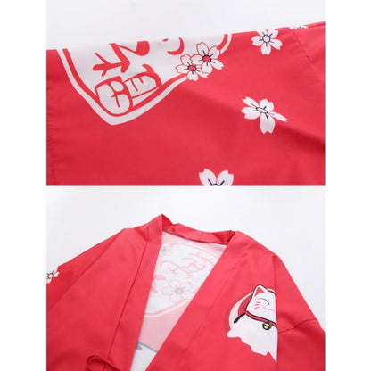 Charming Lucky Cat Sakura Print Loose Outerwear Kimono