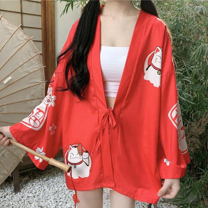 Charming Lucky Cat Sakura Print Loose Outerwear Kimono