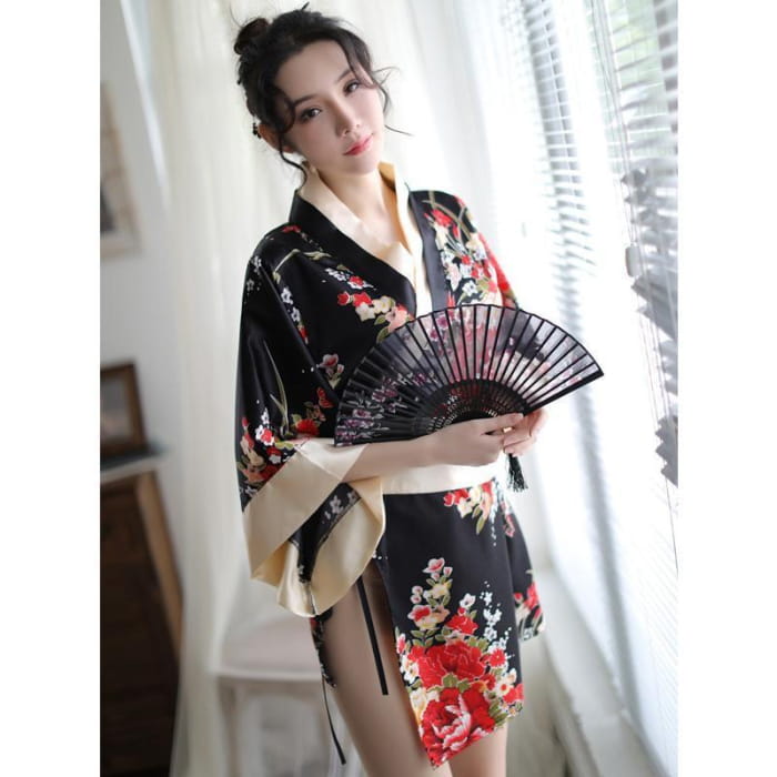 Charming Red Kimono Floral Cosplay Lingerie Dress - Black