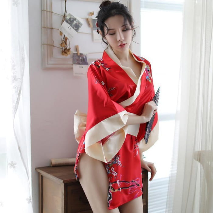 Charming Red Kimono Floral Cosplay Lingerie Dress - One Size