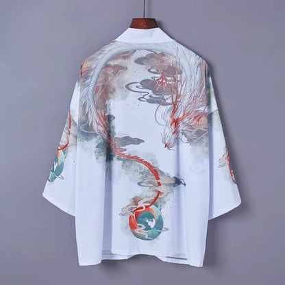 Charming Sakura Fox Print Kimono Outerwear - C / One Size