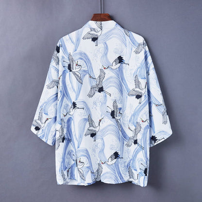 Charming Sakura Fox Print Kimono Outerwear - G / One Size