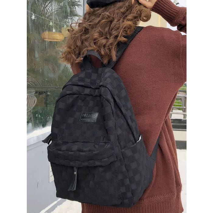 Checked Applique Nylon Backpack