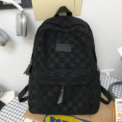 Checked Applique Nylon Backpack - Black - One Size