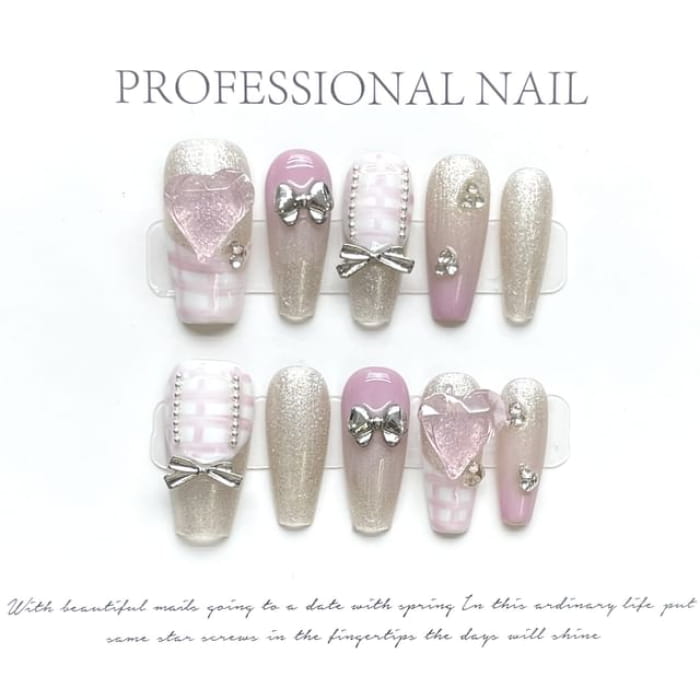 Checker Press On Nail - 288 - Pink & Silver / XS