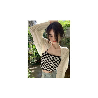 Checkerboard Knit Crop Camisole Top / Plain Pointelle Open