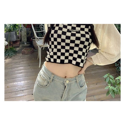 Checkerboard Knit Crop Camisole Top / Plain Pointelle Open