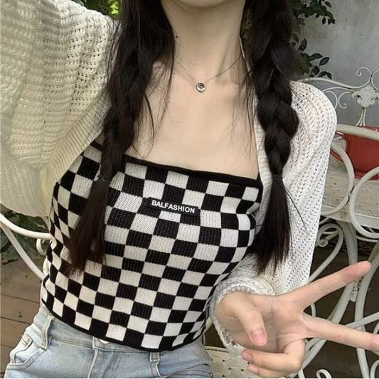 Checkerboard Knit Crop Camisole Top / Plain Pointelle Open