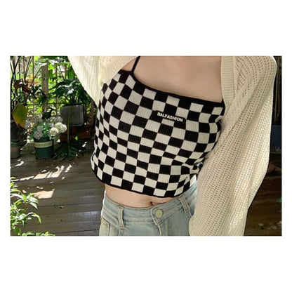 Checkerboard Knit Crop Camisole Top / Plain Pointelle Open