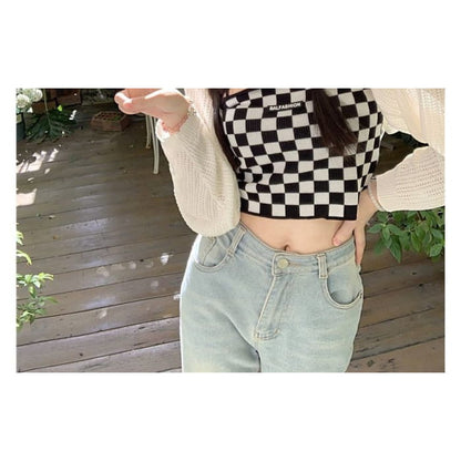 Checkerboard Knit Crop Camisole Top / Plain Pointelle Open