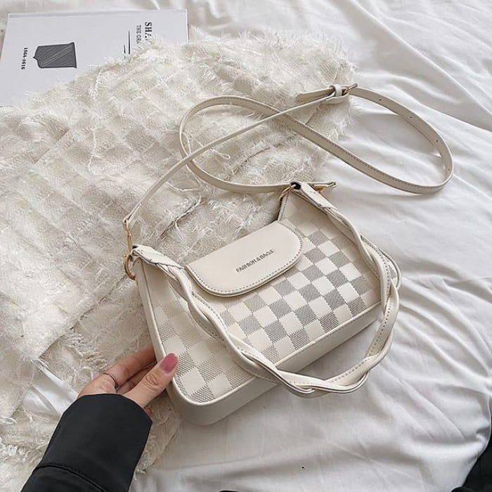 Checkerboard Twisted Strap Shoulder Bag - White / One Size