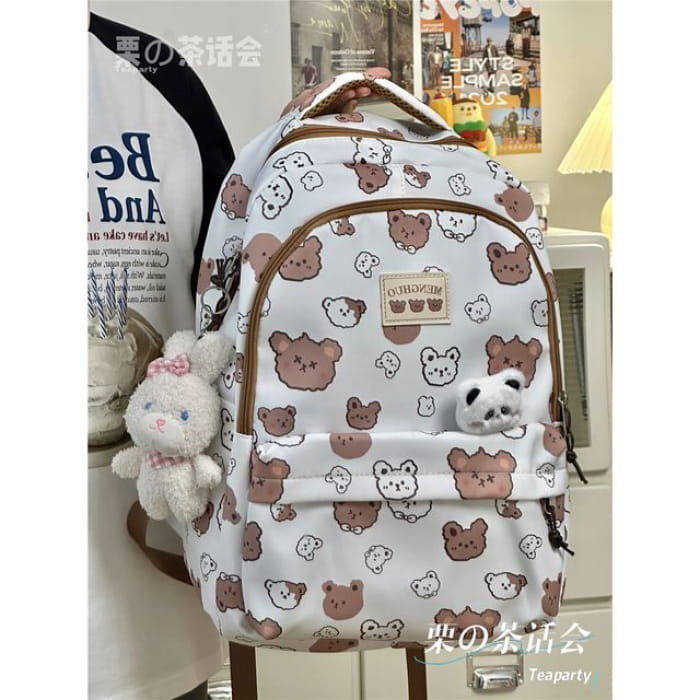 Cheese Print Backpack / Charm / Set - With Rabbit - Brown