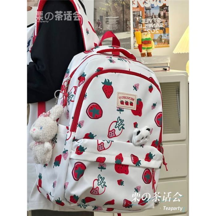 Cheese Print Backpack / Charm / Set - With Rabbit - Red