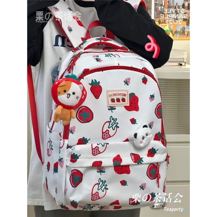 Cheese Print Backpack / Charm / Set - With Strawberry Cat