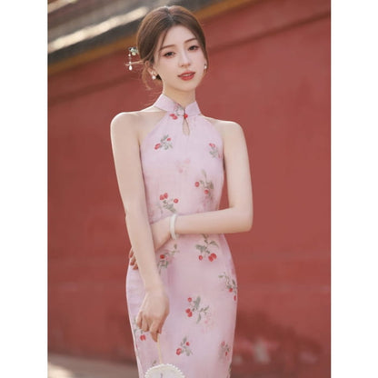 Cherry Berries Pink Cheongsam Dress - Female Hanfu