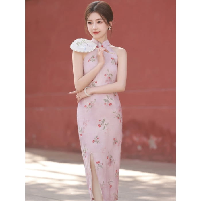 Cherry Berries Pink Cheongsam Dress - Female Hanfu