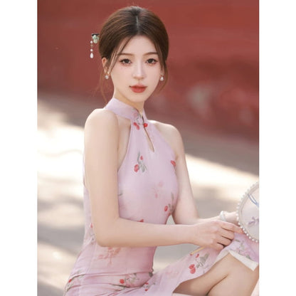 Cherry Berries Pink Cheongsam Dress - Female Hanfu