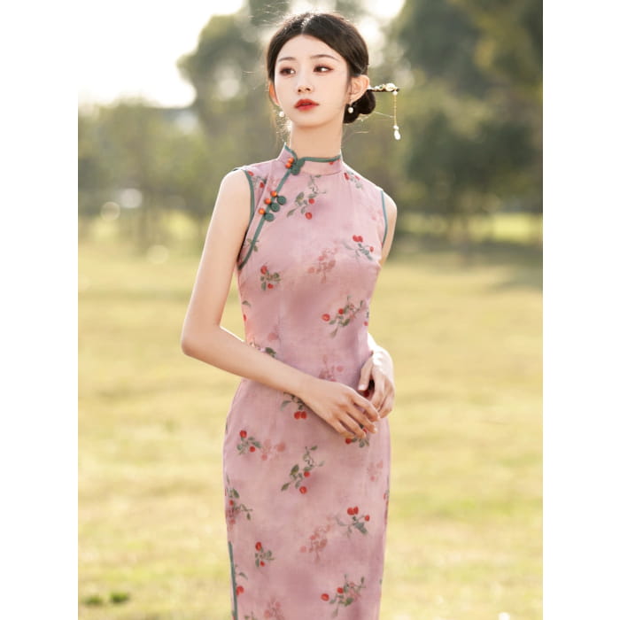 Cherry Blossom Sleeveless Long Cheongsam - Female Hanfu