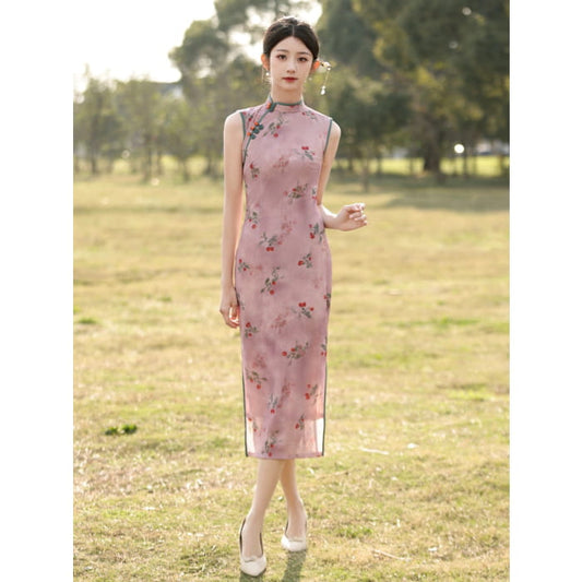 Cherry Blossom Sleeveless Long Cheongsam - S - Female Hanfu