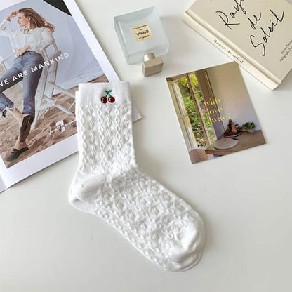 Cherry Embroidered Socks - White / One Size