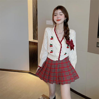 Cherry Embroidery Sweater Plaid Skirt Set