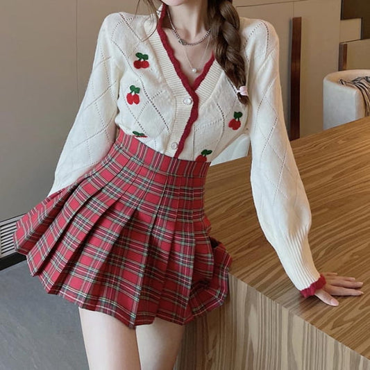 Cherry Embroidery Sweater Plaid Skirt Set