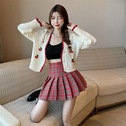 Cherry Embroidery Sweater Plaid Skirt Set