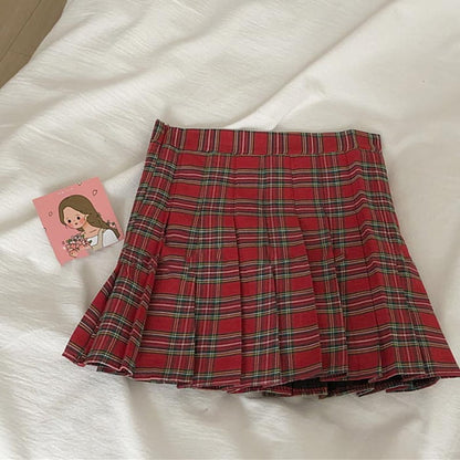 Cherry Embroidery Sweater Plaid Skirt Set - S