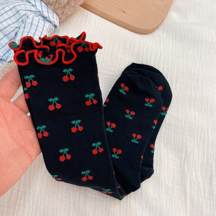 Cherry Print Frill Trim Socks - Black / One Size