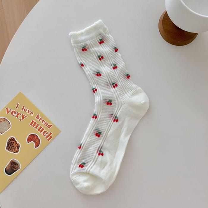 Cherry Print Socks - White / One Size