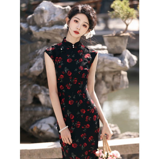 Cherry Roses Elegance Cheongsam - S - Female Hanfu
