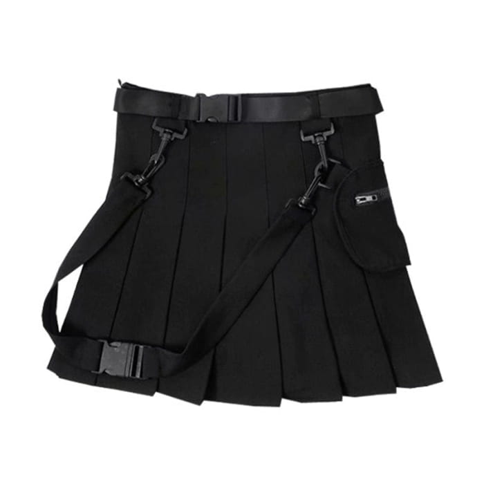 Chic Black Pocket Belted A-line Pleated Skirt - S