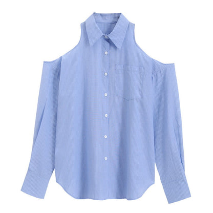 Chic Blue Striped Hollow Out Lapel Shirt - S