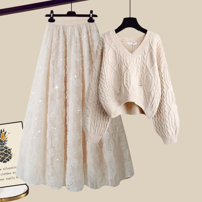 Chic Cable Knit Sweater Flower Pattern Tulle Skirt - Set