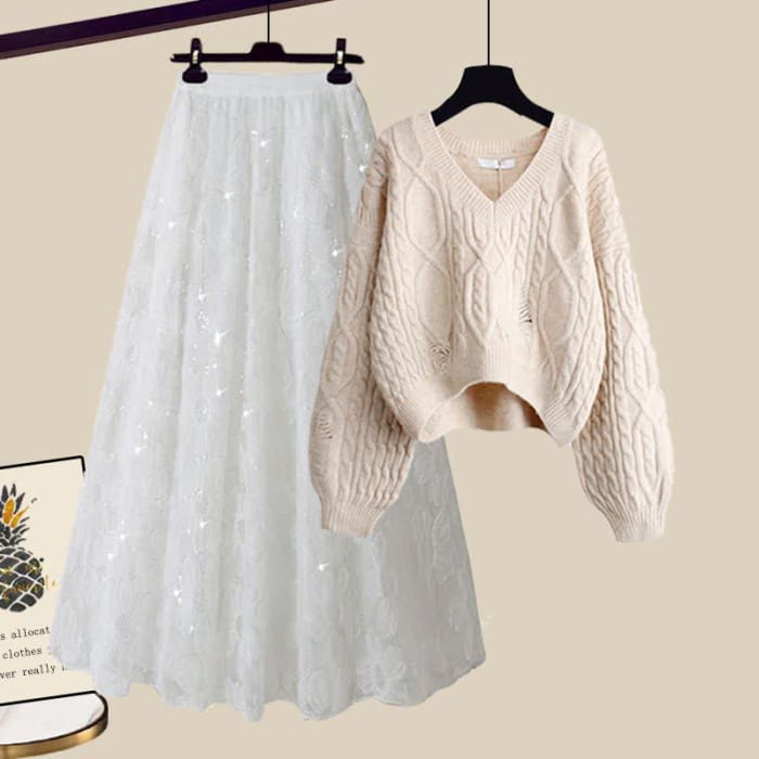 Chic Cable Knit Sweater Flower Pattern Tulle Skirt - Set D