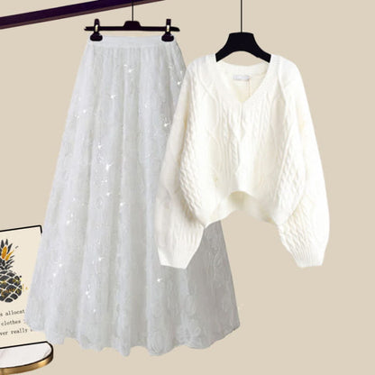 Chic Cable Knit Sweater Flower Pattern Tulle Skirt - Set E