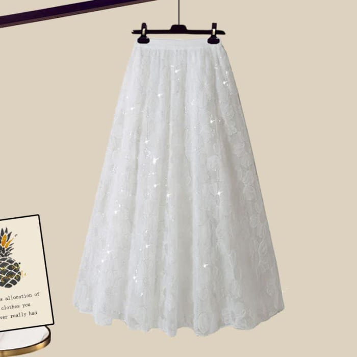 Chic Cable Knit Sweater Flower Pattern Tulle Skirt - White