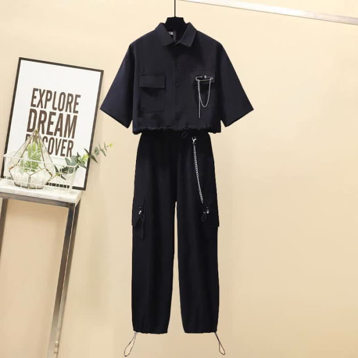Chic Chain Pocketed Polo T-Shirt Casual Cargo Pants