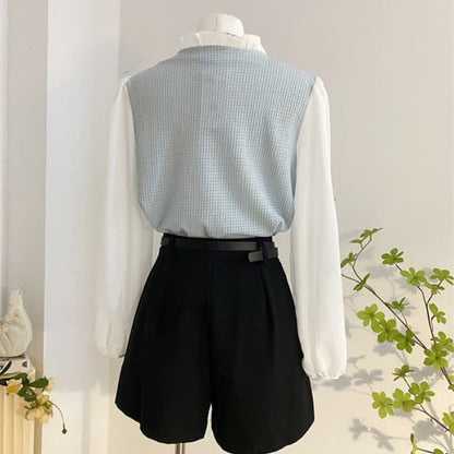 Chic Chiffon Sleeve Shirt High Waist Belted Pleated Skirt