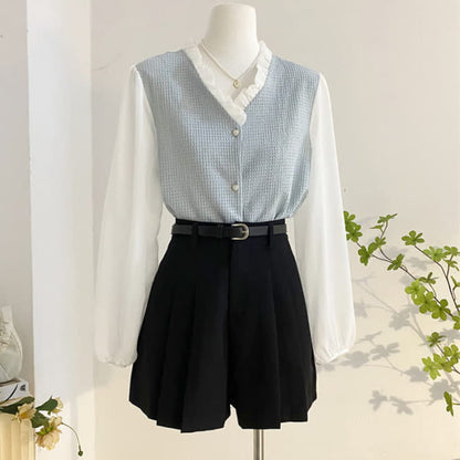 Chic Chiffon Sleeve Shirt High Waist Belted Pleated Skirt